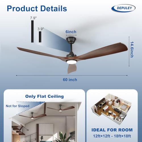 Image of Depuley 60-Inch Ceiling Fan with Light: Walnut 3 Blade Outdoor Fans for Patios - Dimmable Indoor Fan with Remote Control Living Room Fandelier Ceiling Fans Ultra Quiet DC Motor Reversible 6 Speed