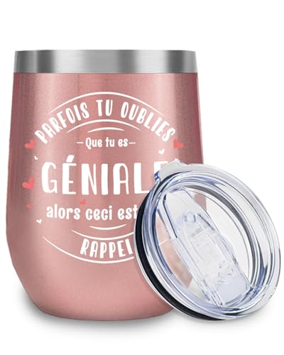 GiftGem Cadeau femme (idéal comme cadeau anniversaire) : Tasse à café isotherme en acier inoxydable gravée GENIALE, couleur or rose, double paroi