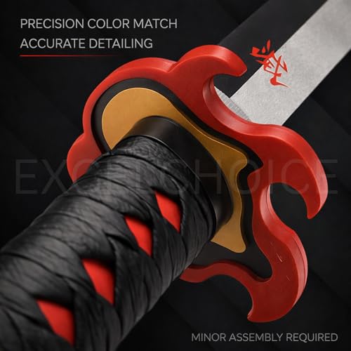 Image of EXCELCHOICE Demon Slayer Fire God Kamado Tanjiro Katana /Sword Toy 104cm Life Size - Bamboo Wood Tanjiro Kamadoo Anime Katana Rengoku X Tanjiro Silver Blade 2024 (Double Layer Stand Included)