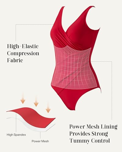 SUUKSESS Women Retro One Piece Swimsuit Sexy Tummy Control Bathing Suit Wrap Push Up Swimwear (Red,S) — view 4