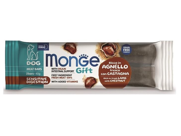 Monge Gift Meat Bars Snack Per Cane Cani Dog Gusto Agnello Con Castagna. 6 BUSTINE DA 40g CADAUNO