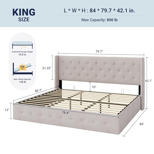 Image of Allewie King Size Lift Up Storage Bed, Button Tufted Headboard with Wingback, Hydraulic Support, No Box Spring Needed, Light Beige