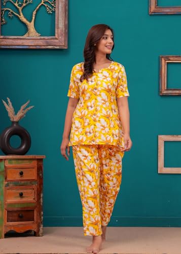 Image of Women Cotton Relaxed Fit Fit and Flare Suit | Printed Night Suit | Half Sleeve Co-Ord Set