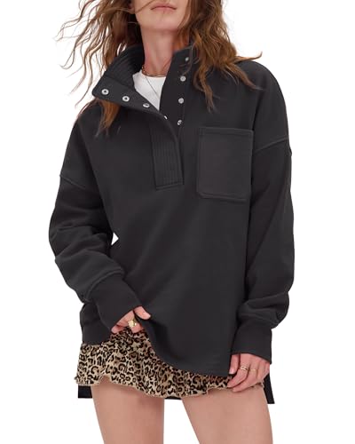 Locachy Womens Casual Oversized Sweatshirt Long Sleeve Button Henley Neck Pullover Tops Fashion Outfits Clothes Black M