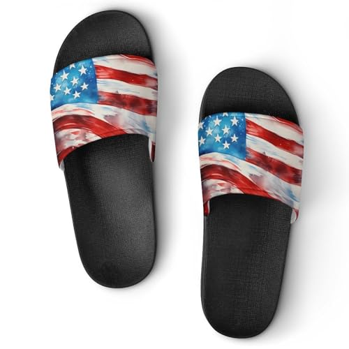 4th of July Patriotic U.S. Flag Non Slip Slides Sandals for Women Men Quick Drying Shower Shoes for Bathroom Pool Beach