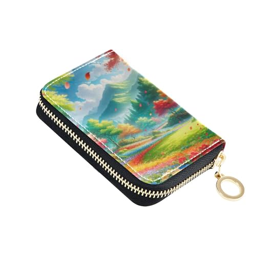 Animal Women Wallet Zip Around RFID Blocking Card Holder Cute Fairyland Colorful Scenery Zipper Card and Cash Holder