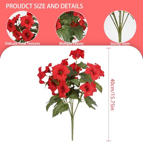 Image of Artificial Flowers for Outdoors, Faux Petunias Spring Summer Decoration, Fake Flowers Plants UV Resistant Look Real Silk Flowers for Outside Planter Front Door Porch Patio Yard (12, Red)
