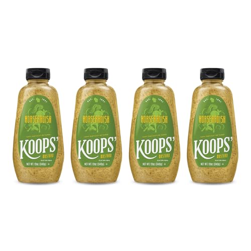 Image of Koops' Horseradish Mustard - Bold and Zesty Horseradish Sauce, Gluten-Free, Kosher, Made in USA, from Quality Mustard Seeds - 12 Oz, Pack of 4