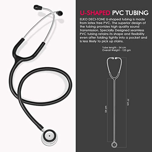 ELKO EL-130 DECI-TONE Aluminium Head Acoustic Stethoscope For Doctors,Nurses & Medical Students|Dual Head Lightweight Chest Piece With U-Shaped Latex-Free PVC Tubing|Soft Sealing Ear Knobs (Black)