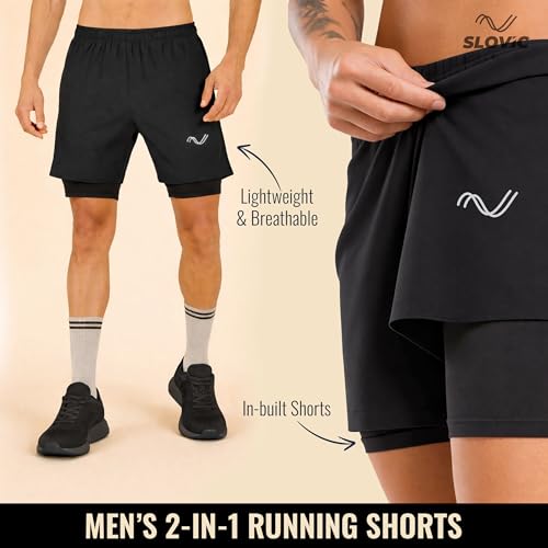 Image of SLOVIC Running Shorts for Men Stylish | 2 in 1 Double Layer Shorts | Lightweight & Breathable Gym Shorts for Men Workout | Ideal for Running, Gym & Sports Blue