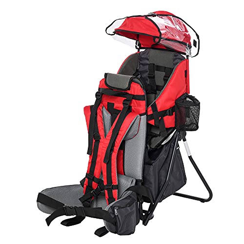 HOMCOM Mochila Portabebés Plegable Portador de Bebé con Techo Impermeable Base de Soporte y Múltiples Bolsillos para 6-36 Meses Carga 15 kg 38x77x87,5 cm Rojo