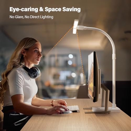 Image of LED Desk Lamp with Base - Bright Dimmable Computer Lamp with Phone Holder, 24W Bendable Desk Light for Monitor Screen, Eye-Caring Tall Desktop Light for Task Home Office Work, White, Dual Head