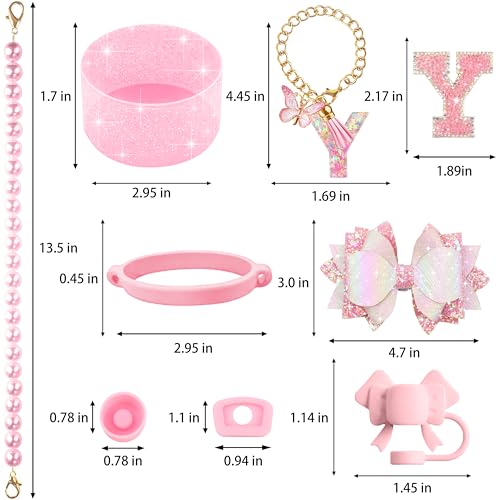 Hpebl 9PCS Pink for Stanley Cup Accessories Set Bling Initials Bow Charms for Stanley Decorations 30/40 Oz Tumbler Accessories Including Bow Straw Topper, Handle Strap, Spill Stopper（Letter Y） - image 3