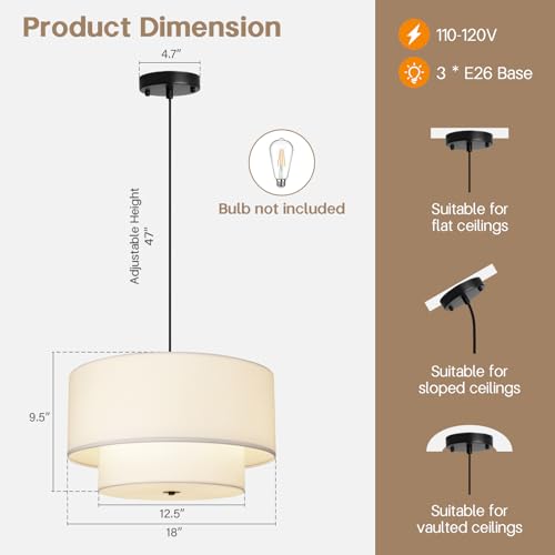 HILUXIA 18" Drum Fabric Pendant Light, Large Modern Hanging Ceiling Chandelier Fixture with Dual Layer Fabric Shade, Ideal for Dining Room, Living Room, Bedroom, and Kitchen by HILUXIA - Used condition - Image 2
