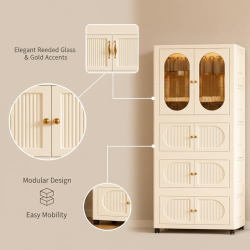 Image of EXVITO Modular Plastic Wardrobe for Bedroom | 1 Tier+3 Bins Foldable Cupboard with Hanging Rod | Stackable Storage Almirah for Clothes with Wheels | Multi-Layer Plastic Storage Cabinet- (Off-White)