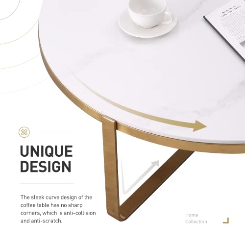 Acanva Round Coffee Table For Living Room, Modern Design With High Gloss White Marble Pattern Sintered Stone Tabletop And Gold X Metal Frame For Accent Side And Sofa Center, 41.3'' X 41.3'' X 16.1'' #TOP5