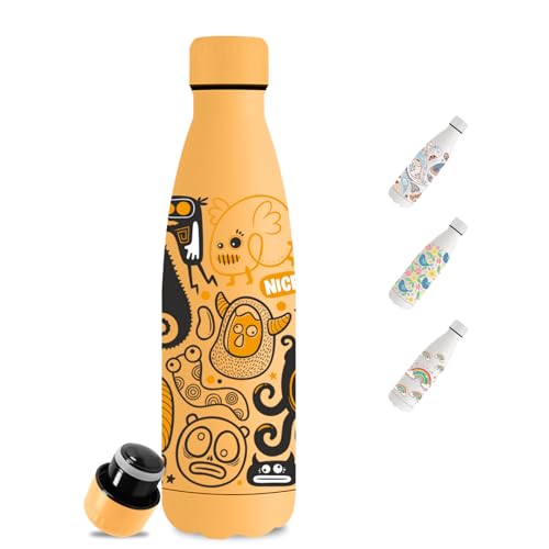 Mujigaga Botella Agua Acero Inoxidable- 0.5l- Botella Termica, Sin BPA, Cantimplora Acero Inoxidable, con Monstruo, A Prueba de Fugas, Doble Aislamiento, para la Escuela, Viajar, Cámping