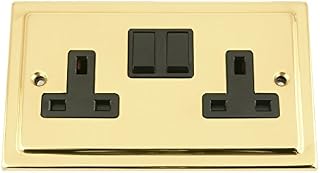 Socket 2 Gang - Victorian Polished Brass - Black Insert Plastic Switch - 13A Double Wall Plug Socket