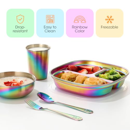 AIEVE Stainless Steel Kids Plates and Bowls, 5 Pcs Kids Dinnerware Set Includes Stainless Steel Toddler Plate with Lid, Utensils, Cup and Bowl