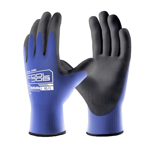Image of COOLJOB 12 /60 Pairs Safety Work Gloves Pack Bulk with Grip PU Coating | Breathable Lightweight Gloves with Polyurethane Dipped for Men Women, 13 Gauge Seamless Knit Thin Gloves, Blue Small