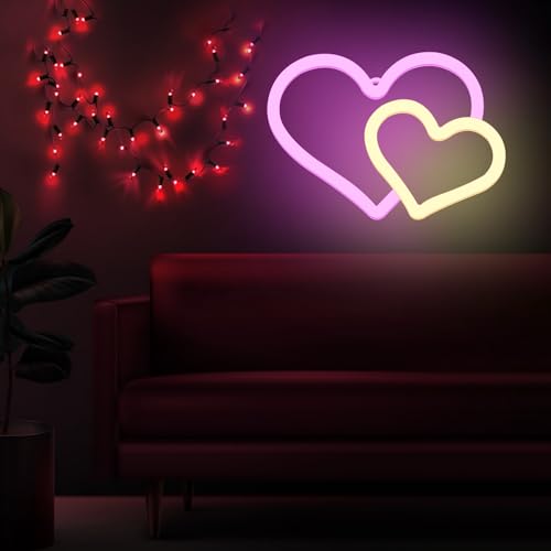 Image of Dual Heart Neon Signs for Wall Decor Led Neon Signs for Bedroom Wall Neon Lights for Home Party Wedding Bachelorette Parties Marriage Proposals Birthday Parties Christmas Decorations