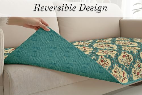 Image of Cloth Fusion Quilted Sofa Cover Seat Mat 2 Seater, Floral Damask | Reversible Jaipuri Print, 120 cm, Seat Cover Only, Decorative Tassel Edging With A Spare, Easy Tuck-In Hold, Not Anti-Slip