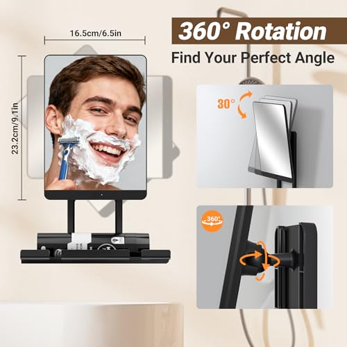 Image of Heated Fogless Shower Mirror for Shaving, 5000mAh Long-Lasting Anti-Fog Shower Mirror with 360 Rotating Design & Razor Holder, Fog-Free Shaving Mirror for Men (Black)