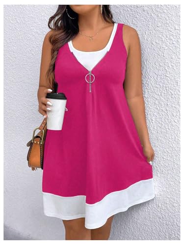 Image of Verdusa Women's Plus Size Summer Dress Color Block Quarter Zip Tank Dress Sleeveless Short Dresses