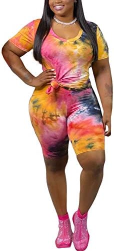 Women's 2 Piece Tie Dye Set Outfits Plus Size Short Sleeve Print Shirt + Short Pants Tracksuit Set Colorful Orange 5XL