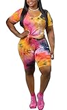 Women's 2 Piece Tie Dye Set Outfits Plus Size Short Sleeve Print Shirt + Short Pants Tracksuit Set C