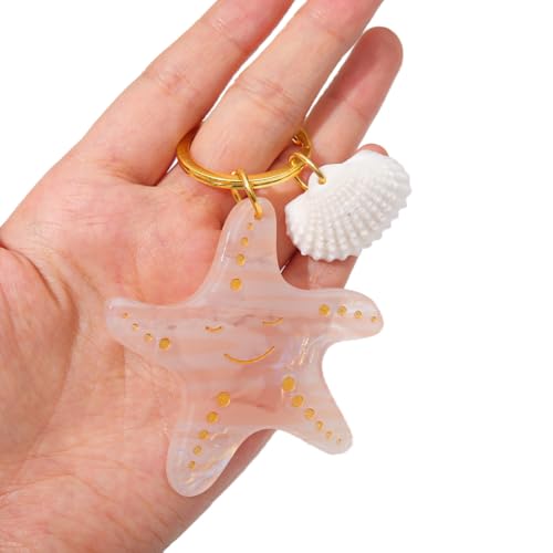 Ocean Starfish and Shell Keychain, Pink Pearl with Gold Accents