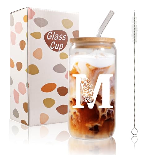 Bliceon A-Z Initial Personalised Birthday Gifts for Women, 500ml Iced Coffee Glass Cups for Mum, Friends and Sisters, Men, Dad, Iced Coffee Cup Gift with Lids and Straws (M)