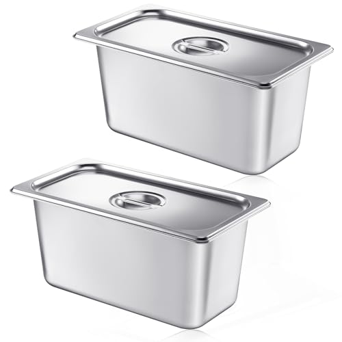 Image of Mifoci 2 Pack Stainless 1 /3 Size x 6 Inch Deep Steam Table Pans with Lids