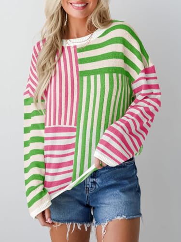 Womens Sweaters Crewneck Oversized Long Sleeve Striped Color Block Loose Knit Colorful Pullover Tops