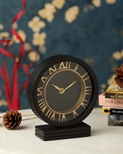 Image of Decor de Maison Metal Brings Handcrafted Aleksi Analog Table Clock for Kidsroom, Living Room, Bedroom, Study Table, Office Desk | Classic Non-Ticking Tabletop Battery Operated Desk Clock (Black)
