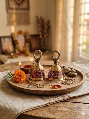 Image of Brass Pooja Hanging Bell with Chain (Red, Single Piece) | Decorative Mandir Ghanti for Door Wall | Handcrafted Temple Bell for Home Decor, Vastu & Spiritual Use
