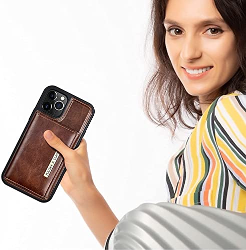 Image of PULOKA Wallet Back Case - Compatible with iPhone 14 Pro Max - Vegan Leather Phone Cover - Detachable Card Holder Case with Kickstand - Shockproof, Anti Scratch & Raised Edges for Protection - Brown