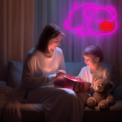 Image of Cute Pink Pig Neon Sign for Wall Decor, Neon Light for Bedroom LED Light Up Sign Creative Aesthetic Room Decor, USB Dimmable Backdrop Home Party Birthday Gift for Kids Boys Girls 15.7'' X 10.6''