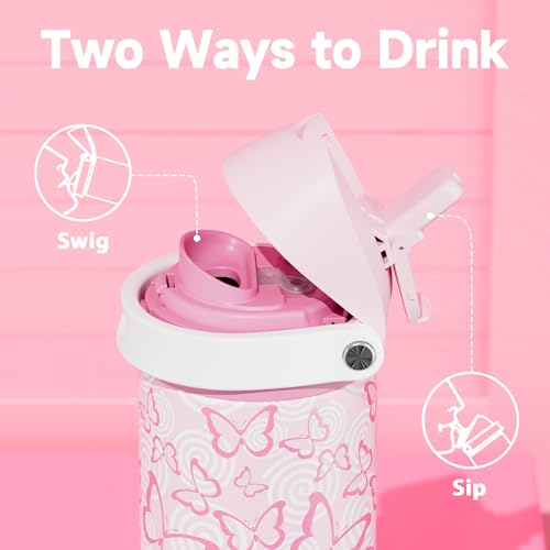 Image of 24 oz Insulated Water Bottle with Straw: Meoky Stainless Steel Metal Water Bottle with 2-in-1 Lid - Leak Proof, Cold for 24 Hours, Protective Silicone Base, BPA-Free for Sports Travel Car, Butterfly
