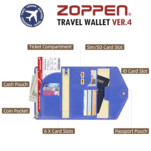 ZOPPEN Mulit-purpose Rfid Blocking Travel Passport Wallet (Ver.4) Trifold Document Organizer Holder, Dazzle Blue