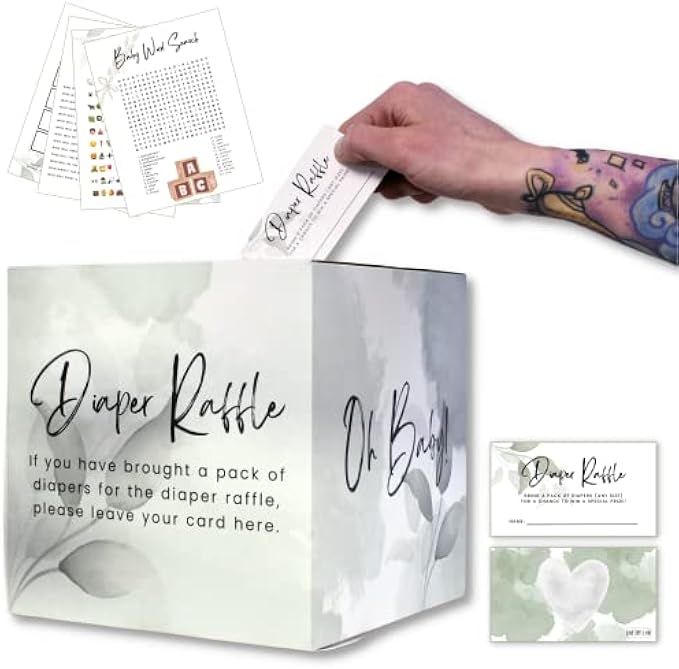 Greenery Diaper Raffle Card Box with 50 Raffle Tickets and 4 Printable Baby Shower Games - Boy or Girl Gender - Woodland Baby Shower Decorations