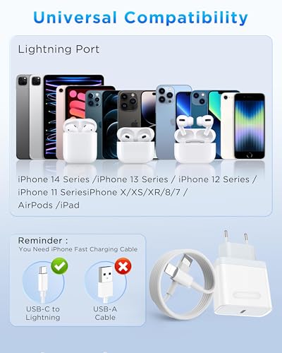 Cargador Carga Rapida for iPhone【Certificado MFi】 20W USB C Cargador Rápido Adaptador con Cable Lightning Original 2M,iPad Charger para iPhone 14/14 Pro/14 Pro Max/14 Plus/13/12/11/XS/XR/X/8/7 - Imagen 3