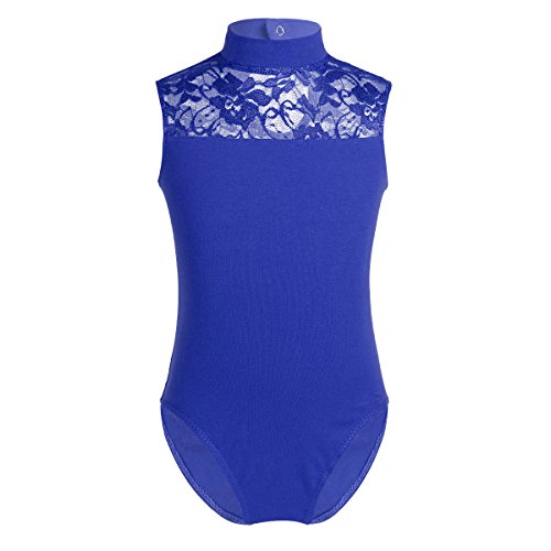 YOOJIA Kids Girls Ballet Dance Leotard Sleeveless Turtle Neck Lace Splice Keyhole Back Gymnastic Jumpsuit Team Uniform Blue 9-10