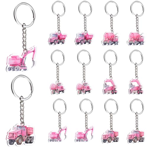 Serencatcher Lot de 12 porte-clés roses en acrylique double face pour filles et femmes sur le thème du camion à benne, pelleteuse, anniversaire, fête prénatale (6 motifs, 2 de chaque)