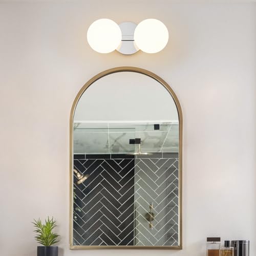 Image of Chrome Globe Wall Sconce,Vanities Lights with 2 Milk Glass Shades | 6 inch Modern Spherical Vanity Sconces,Contemporary Small Brass Ball Lights Fixture for Entryway Bedside Bathroom,E26 Base