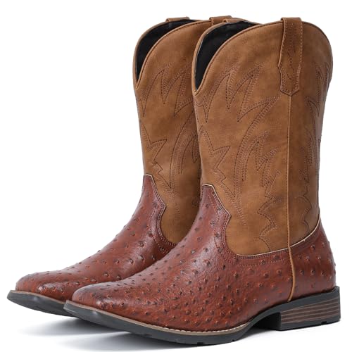 Image of IUV Cowboy Boots For Men Western Ostrich Wide Embroidered Pull On Boots | Durable & slip-resistant pull-on boots, Fashionable embroidered design, Vintage style for men, stylish for casual.