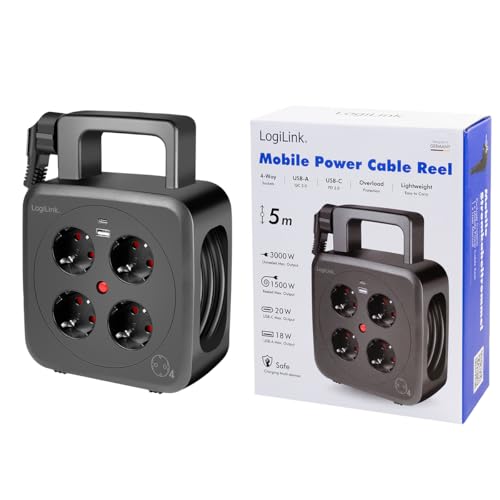 LogiLink LPS504 – bęben kablowy 5 m z 4 gniazdami wtykowymi (gniazda styku ochronnego), 1 x USB-A i 1 x USB-C, klasa ochrony IP20 i termiczny wyłącznik przeciążeniowy