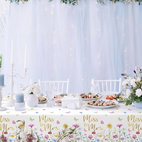Image of Ganeen 3 Pcs Miss to Mrs Tablecloths Disposable Plastic Bridal Shower Table Cloths Gold Floral Rectangle Table Cover Waterproof for Wedding Bridal Shower Engagement Party Decorations, 54 x 108 Inch