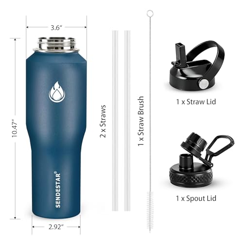 Image of SENDESTAR Water Bottle 32oz,2 Lids(Straw lid),Wide Mouth Stainless Steel Vacuum Insulated Double Wall Keep Liquids Cold or Hot All Day,Sweat Proof Sport Design,Fit Car Cup Holder(Cobalt)