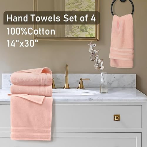 Image of VOOVA & MOVAS Pink Hand Towels Set of 4, 14 inchx30 inch - 100% Cotton | Light Weight | Thick 480GSM | Soft | Absorption, Guest Hand Towel Sets for Bathroom & Kitchen, Coral Pink Bathroom Decor